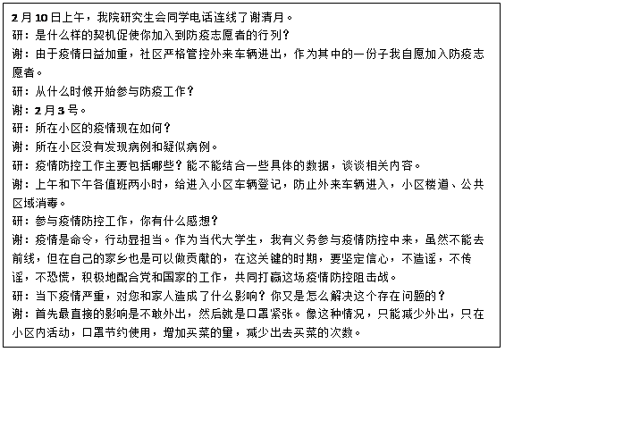 文本框: 2月10日上午，无码做爱
研究生会同学电话连线了谢清月。研：是什么样的契机促使你加入到防疫志愿者的行列？谢：由于疫情日益加重，社区严格管控外来车辆进出，作为其中的一份子我自愿加入防疫志愿者。研：从什么时候开始参与防疫工作？谢：2月3号。研：所在小区的疫情现在如何？谢：所在小区没有发现病例和疑似病例。研：疫情防控工作主要包括哪些？能不能结合一些具体的数据，谈谈相关内容。谢：上午和下午各值班两小时，给进入小区车辆登记，防止外来车辆进入，小区楼道、公共区域消毒。研：参与疫情防控工作，你有什么感想？谢：疫情是命令，行动显担当。作为当代大学生，我有义务参与疫情防控中来，虽然不能去前线，但在自己的家乡也是可以做贡献的，在这关键的时期，要坚定信心，不造谣，不传谣，不恐慌，积极地配合党和国家的工作，共同打赢这场疫情防控阻击战。研：当下疫情严重，对您和家人造成了什么影响？你又是怎么解决这个存在问题的？谢：首先最直接的影响是不敢外出，然后就是口罩紧张。像这种情况，只能减少外出，只在小区内活动，口罩节约使用，增加买菜的量，减少出去买菜的次数。